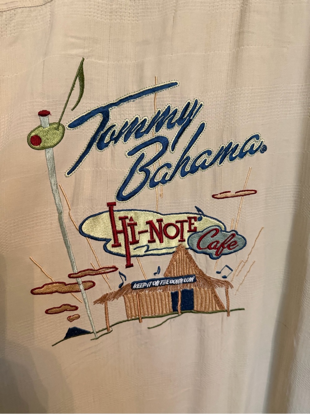 Tommy Bahama Cream Silk Shirt with Blue and Red Logo